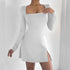 Women Clothing Square Collar Tight Long Sleeve Slit Flared Mini Sexy Dress by Ragazza