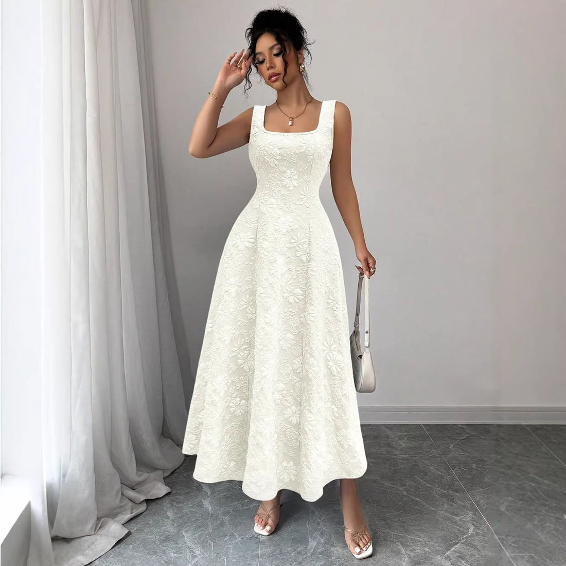 Popular Summer Vest Pullover Square Collar Jacquard Floral Swing Elegant Dress by Ragazza