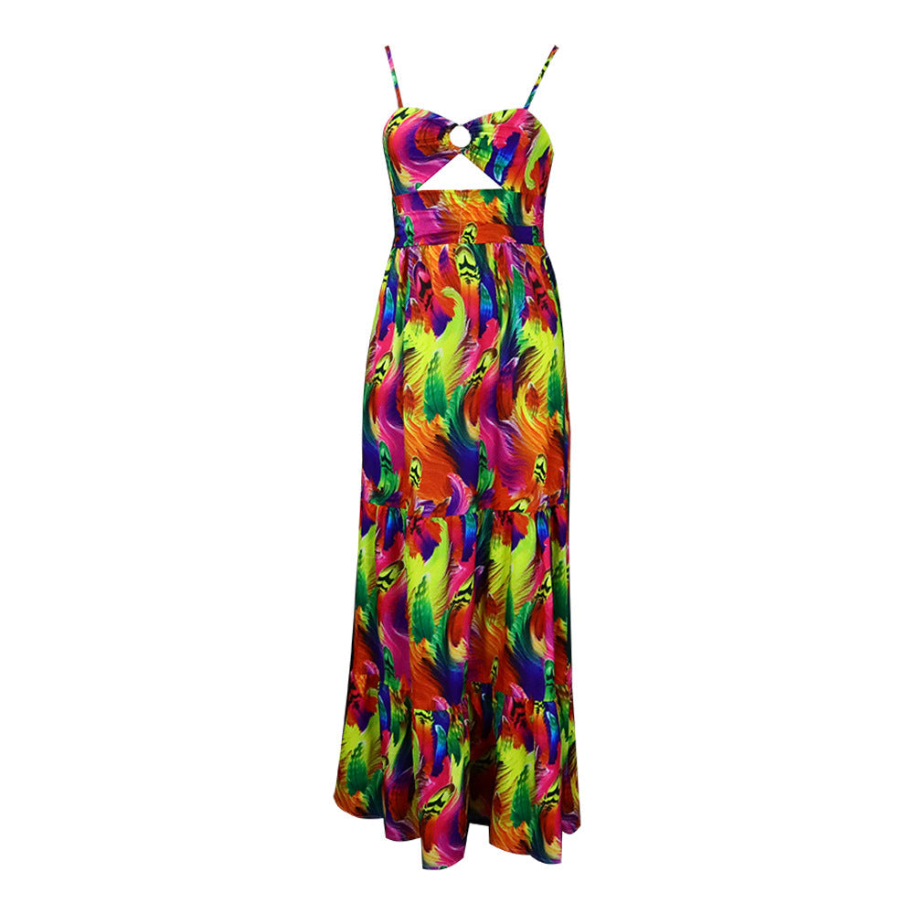 Summer Maxi Dress Spaghetti Strap Floral Print Sexy Large Swing Dress by Ragazza