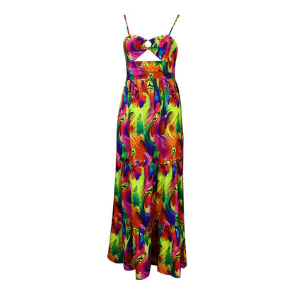 Summer Maxi Dress Spaghetti Strap Floral Print Sexy Large Swing Dress by Ragazza