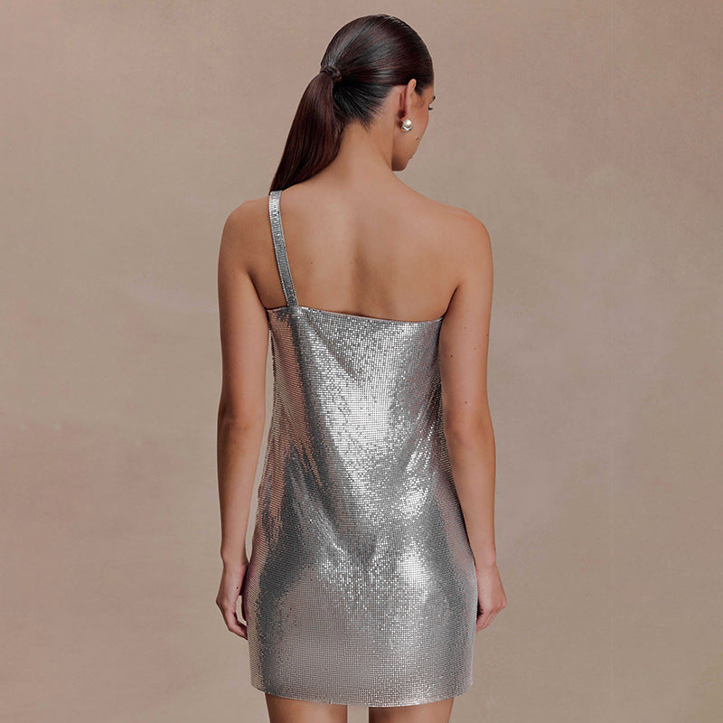 Women Clothing Spring Solid Color Sexy Slim Sleeveless Diagonal Collar Glossy One Shoulder Short Dress by Ragazza
