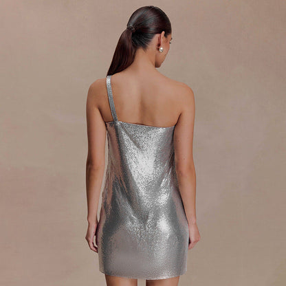 Women Clothing Spring Solid Color Sexy Slim Sleeveless Diagonal Collar Glossy One Shoulder Short Dress by Ragazza