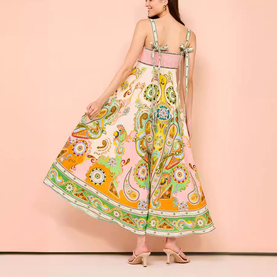 Sexy Women Clothing Sling Graffiti Printing Sleeveless Bow Swing Cotton Linen Dress by Ragazza