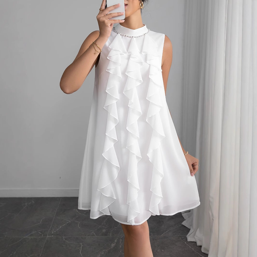 Socialite Elegant Women Dress High Grade Ruffled Rhinestone Stand Collar Sleeveless Sexy Dress by Ragazza