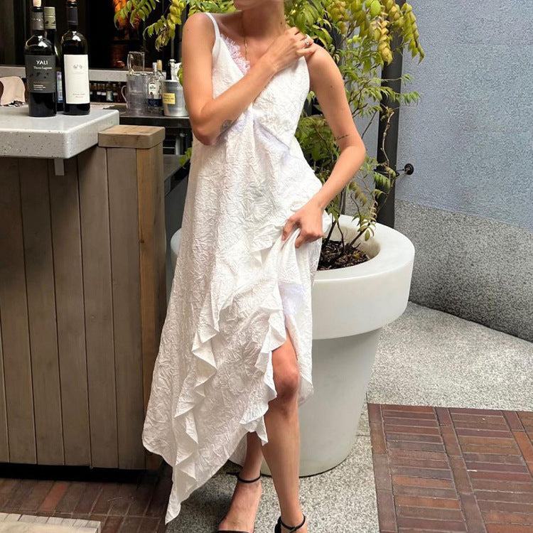 French Design Irregular Asymmetric Hem Backless Sexy Dress Women Lace Stitching Sleeveless Cami Dress by Ragazza