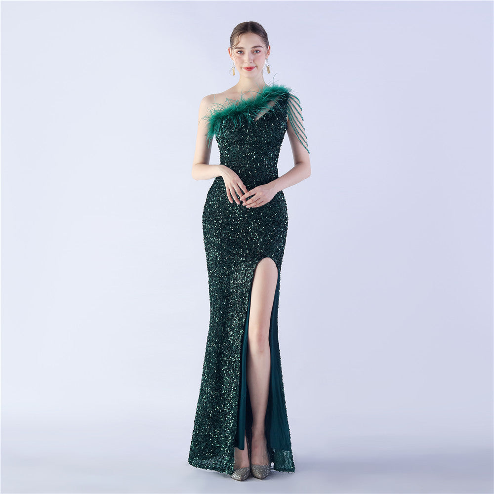 Ostrich Hair Craft Oblique Shoulder Side Slit High End Evening Dress by Ragazza