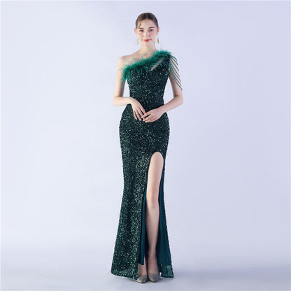 Ostrich Hair Craft Oblique Shoulder Side Slit High End Evening Dress by Ragazza