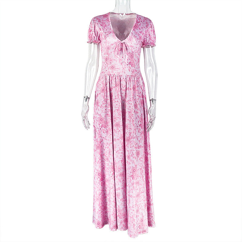 Sweet Women Clothing Printing Elegant A line Dress Pleated V neck Bubble Sleeve Length Dress by Ragazza