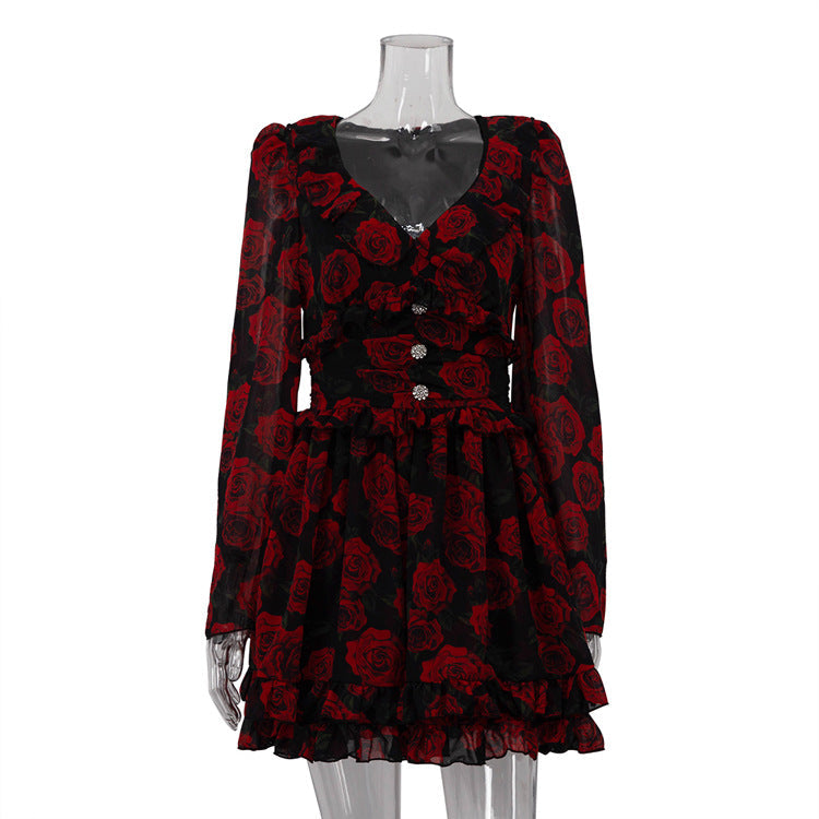 Women Wear Digital Printed V neck Long Sleeve Elegant Dress Autumn Floral A line Dress by Ragazza