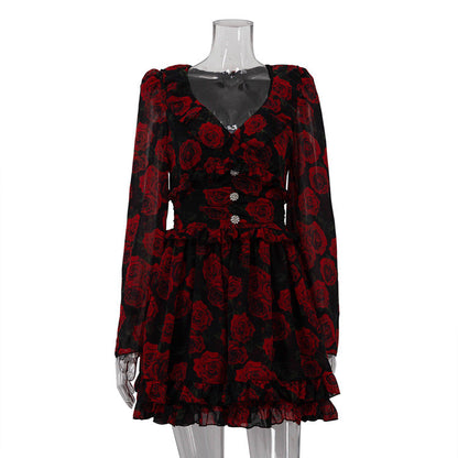 Women Wear Digital Printed V neck Long Sleeve Elegant Dress Autumn Floral A line Dress by Ragazza