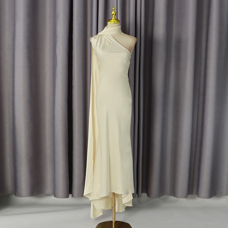 Summer Elegant Retro Solid Color off the Shoulder Dress Slim Fit Slimming Fashionable Dress Women  DestGlow