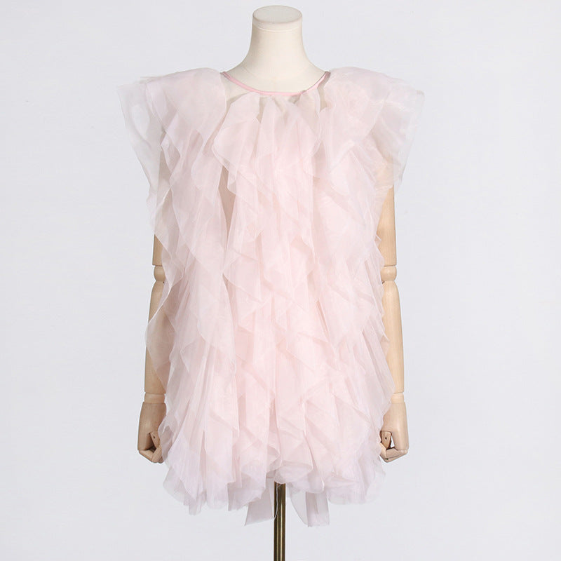 Irregular Asymmetric Ruffled Stitching See through Organza Sleeveless Sexy Dress Women by Ragazza