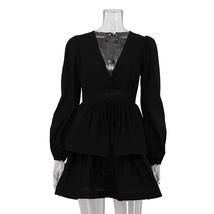 Women Clothing Spring Autumn Puff Sleeve A line Dress V neck Waist-Controlled Black Pettiskirt by Ragazza