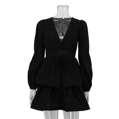 Women Clothing Spring Autumn Puff Sleeve A line Dress V neck Waist-Controlled Black Pettiskirt by Ragazza