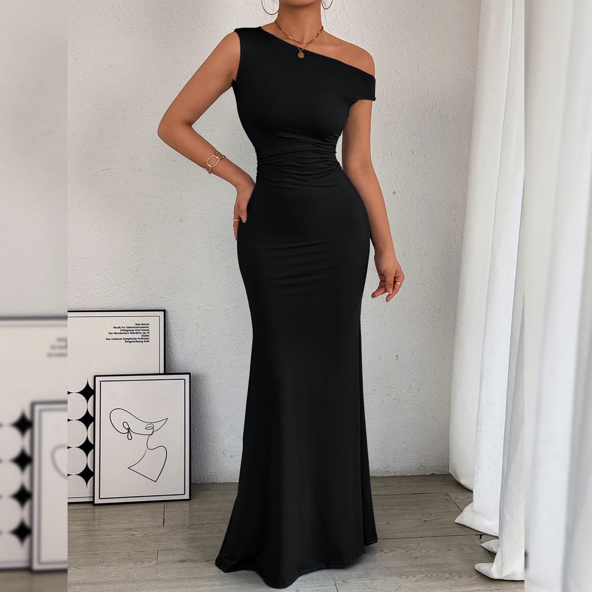 Women Fishtail Dress Slant Shoulder Collar Waist Pleated Sleeveless Sexy Dress by Ragazza