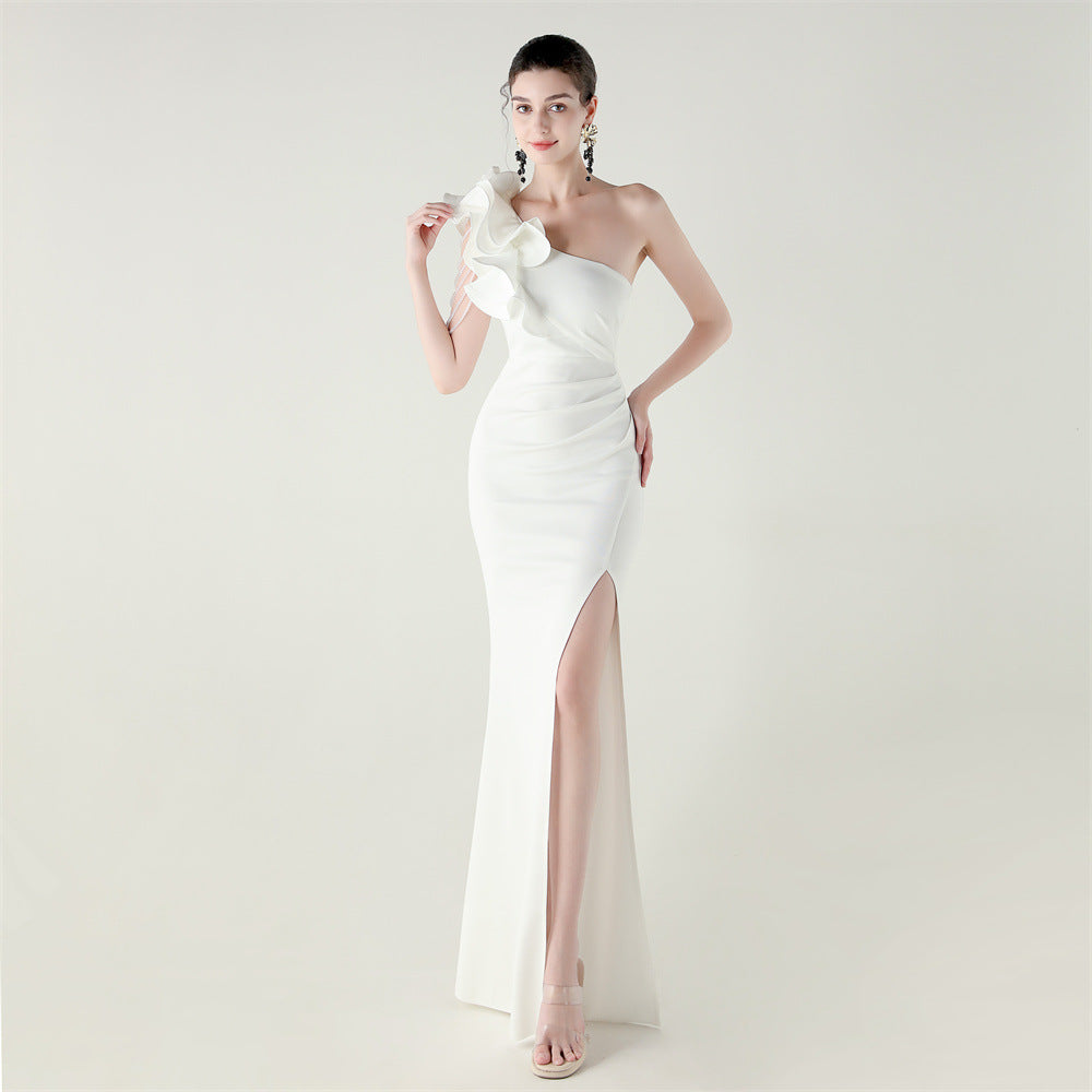 One Shoulder Craft Beading Wave Floral Satin High Slit Sexy Evening Dress Dinner Party Wedding Social by Ragazza