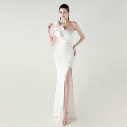 One Shoulder Craft Beading Wave Floral Satin High Slit Sexy Evening Dress Dinner Party Wedding Social by Ragazza