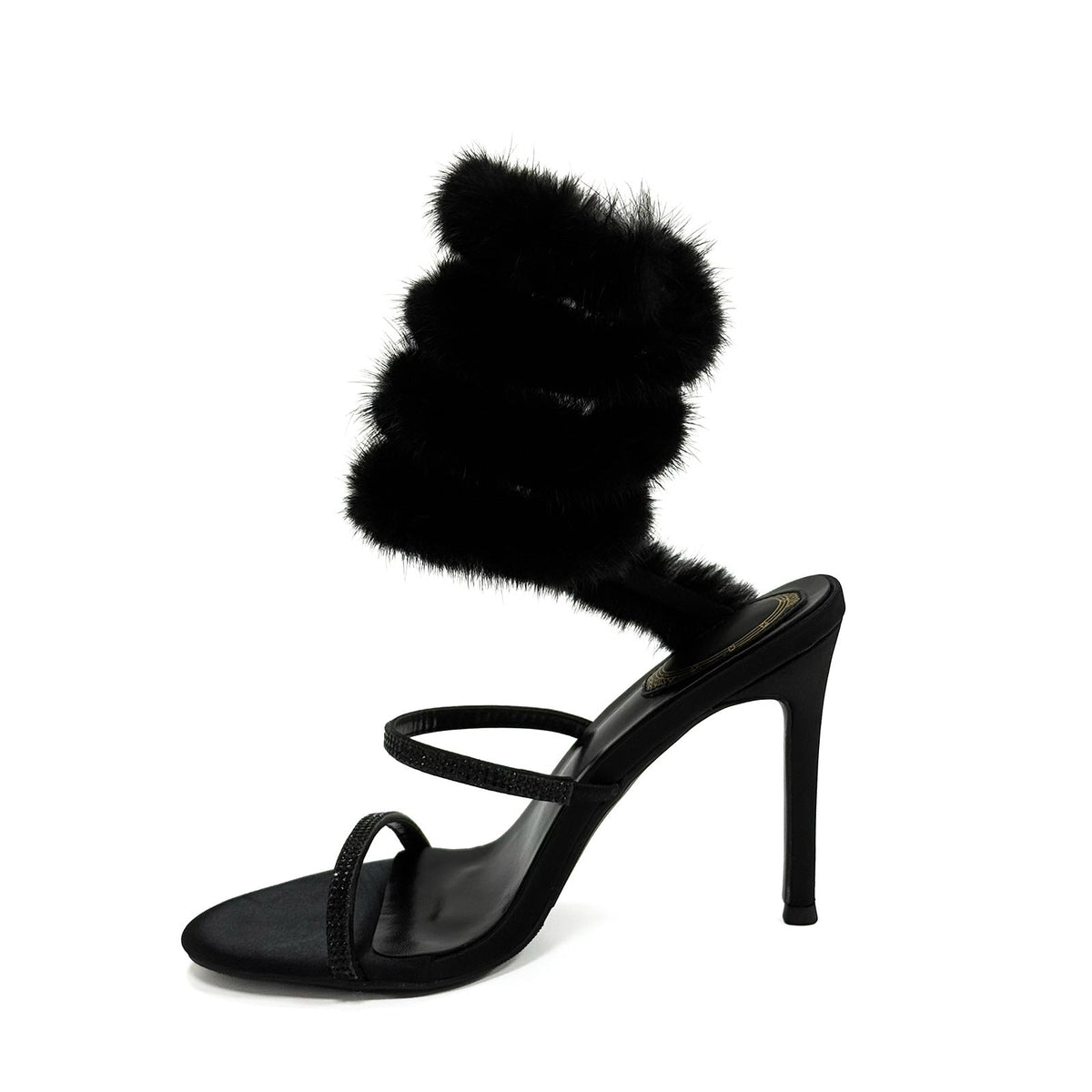 Black White 10cm Stiletto Heel Small round Toe Furry Winding High Heel Sandals Summer Heels  DestGlow