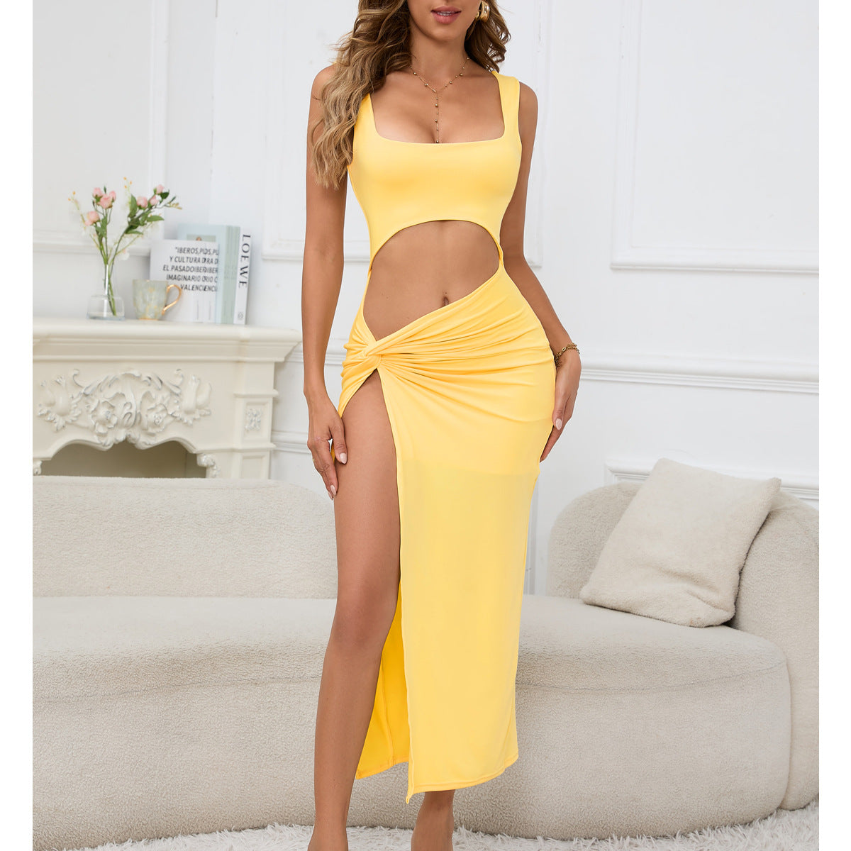 Women Clothing Maxi Dress Suspender Solid Color Hollow Out Cutout Out Cropped Sexy Dress by Ragazza