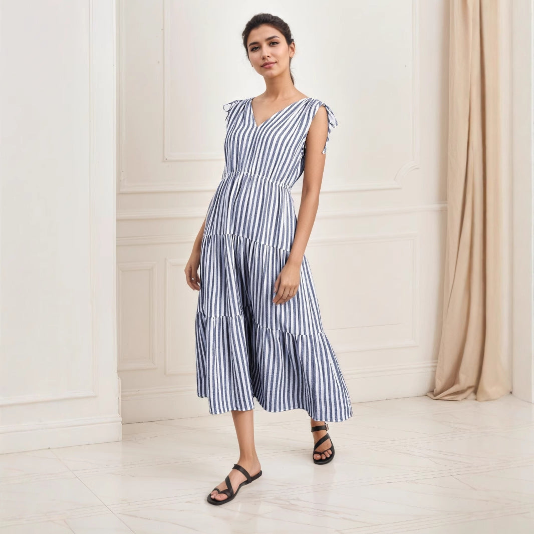 High Grade Blue White Striped Sleeveless Dress Summer off the Shoulder Waist Slimming Dress V neck Casual Dress by Ragazza
