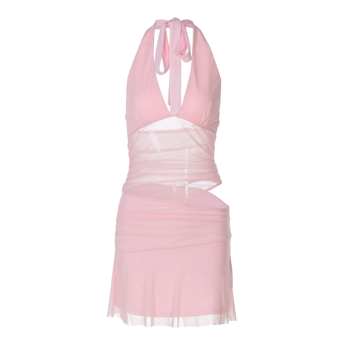 Women Clothing Sexy Deep V Plunge Stitching Mesh Hollow Out Cutout Hip Wrapped Short Halter Dress by Ragazza