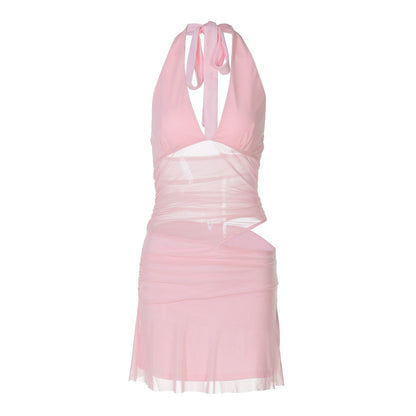 Women Clothing Sexy Deep V Plunge Stitching Mesh Hollow Out Cutout Hip Wrapped Short Halter Dress by Ragazza