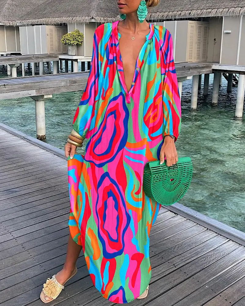 Fall Women Clothing Printed Pullover Long Sleeve Dress V neck Swing Loose Jumpsuit by Ragazza