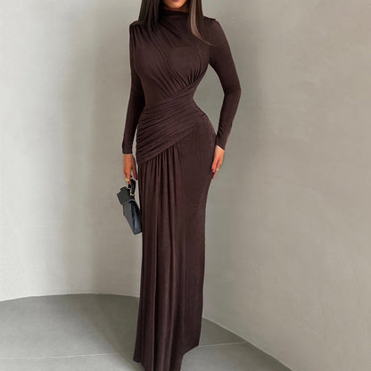 Autumn Winter Women Clothing Solid Color Pleated round Neck Slim Fit Long Sleeved Dress Women by Ragazza