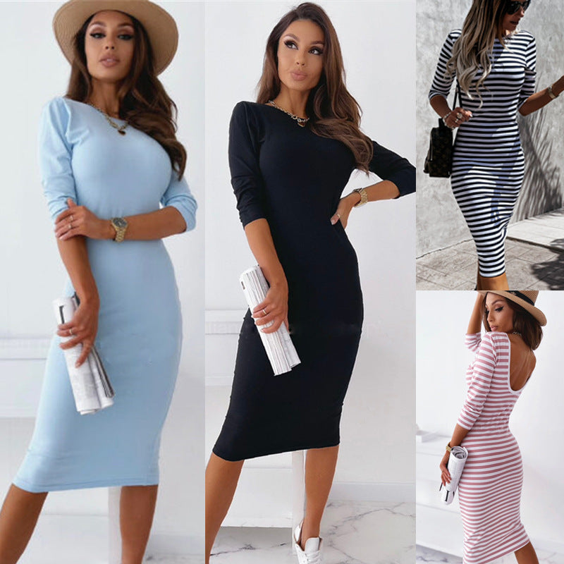 Office Sexy Backless Hip Knitwear Long Sleeve Knee-Length Dress by Ragazza