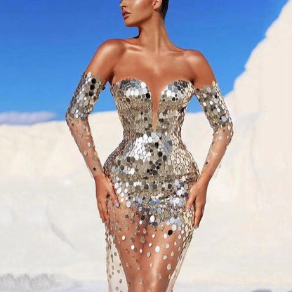 Summer Women Clothing Dress Sequined off Shoulder Sexy Mesh See through Long Evening Dress by Ragazza