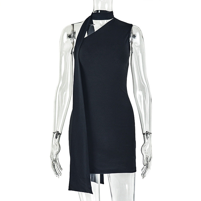 Street Women Clothing Solid Color Lace up Tight Waist Hip Dress Diagonal Collar Sleeveless Slimming Short Dress by Ragazza