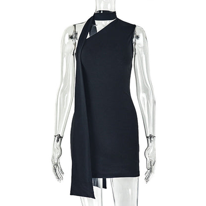 Street Women Clothing Solid Color Lace up Tight Waist Hip Dress Diagonal Collar Sleeveless Slimming Short Dress by Ragazza