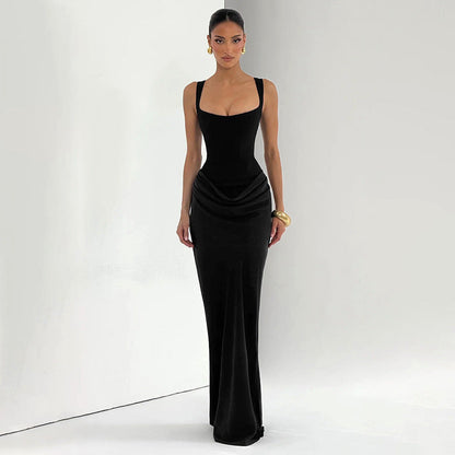 Women Clothing Autumn Winter Simple Solid Color Elegant Square Collar Sleeveless Slim Fit Maxi Dress by Ragazza