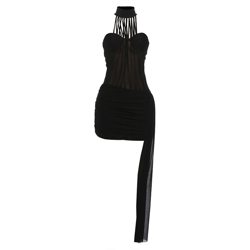 Autumn Winter Women Clothing Sexy Mesh Stitching Slim Slim Backless Halter Sheath Dress by Ragazza