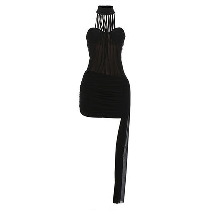 Autumn Winter Women Clothing Sexy Mesh Stitching Slim Slim Backless Halter Sheath Dress by Ragazza
