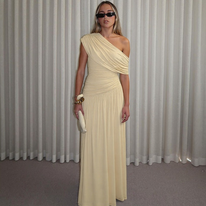 Women Clothing Spring Arrival Fashionable Sexy Diagonal Collar Pleated Asymmetrical Solid Color Dress  DestGlow