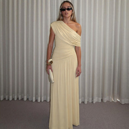 Women Clothing Spring Arrival Fashionable Sexy Diagonal Collar Pleated Asymmetrical Solid Color Dress  DestGlow
