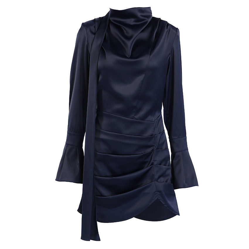 Autumn Winter Irregular Asymmetric Navy Blue Long-Sleeved Dress Women Slim Slimming Sheath by Ragazza