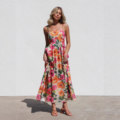 Dress Printed Slim Strap Dress Vacation A Swing Dress for Women by Ragazza