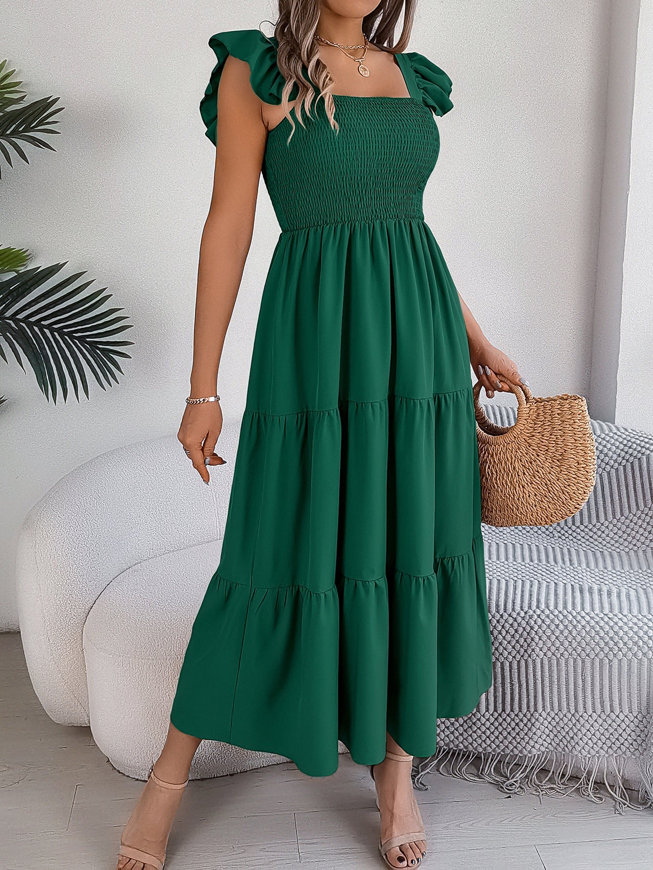 Summer Solid Color Square Collar Wooden Ear Waist A line Dress Women Clothing by Ragazza