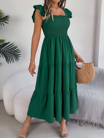 Summer Solid Color Square Collar Wooden Ear Waist A line Dress Women Clothing by Ragazza