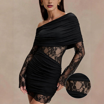 Sexy Shoulder Long Sleeve Dress Women Lace Patchwork Waist Slimming Slimming Hip Dress  DestGlow