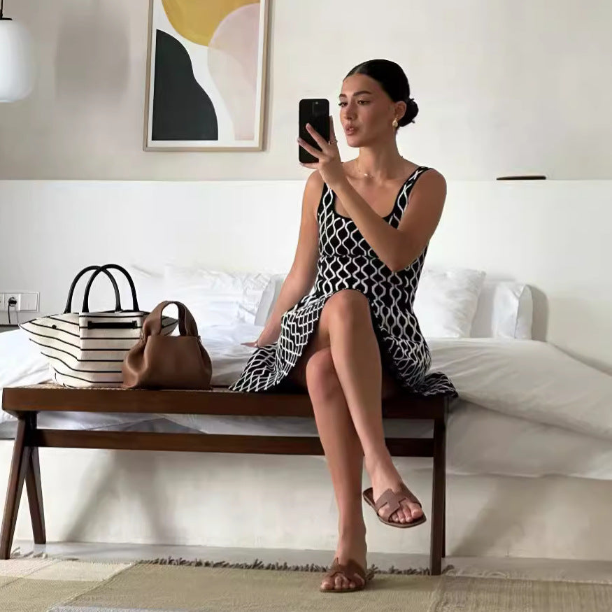 Spring Summer Contrast Color Water Ripple A Line Short Dress Inner Wear Fitted Waist Vest Base Knitting Dress Women by Ragazza