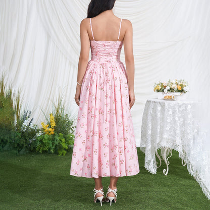 Vacation Low Collar Slip Dress Sexy Backless Lace up Waist Slimming Printed Pleated Midi Dress  DestGlow