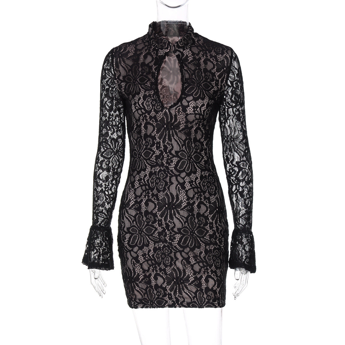 Women Clothing Winter Sexy Lace Cutout Package Hip Flare Sleeve Dress by Ragazza