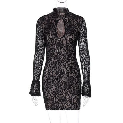 Women Clothing Winter Sexy Lace Cutout Package Hip Flare Sleeve Dress by Ragazza