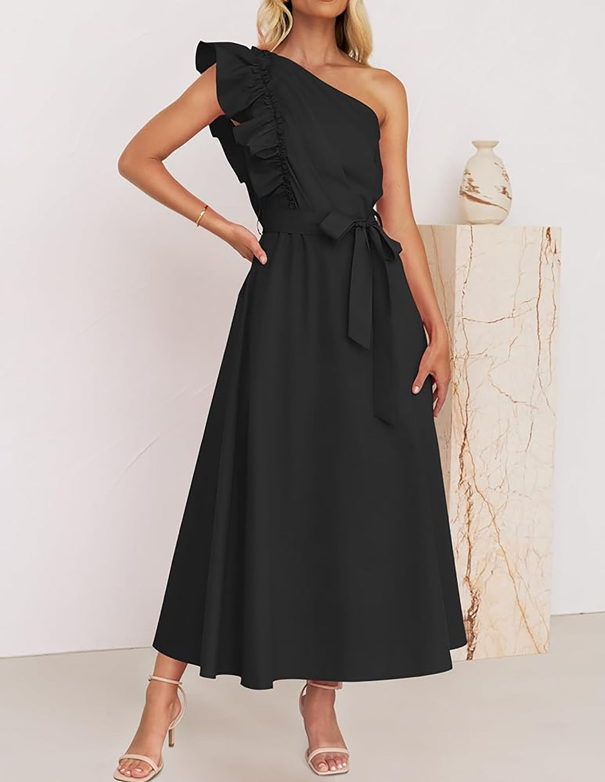 Women Maxi Dress Oblique Shoulder Wooden Ear Belt Dress Bridesmaid Toast Dress by Ragazza