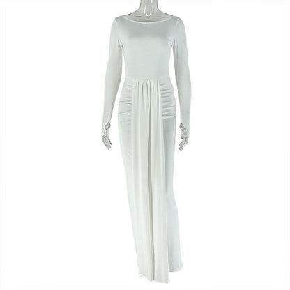 Solid Color Women Casual Daily Home Hip Dress round Neck Long Sleeve Waist Tight Dress by Ragazza
