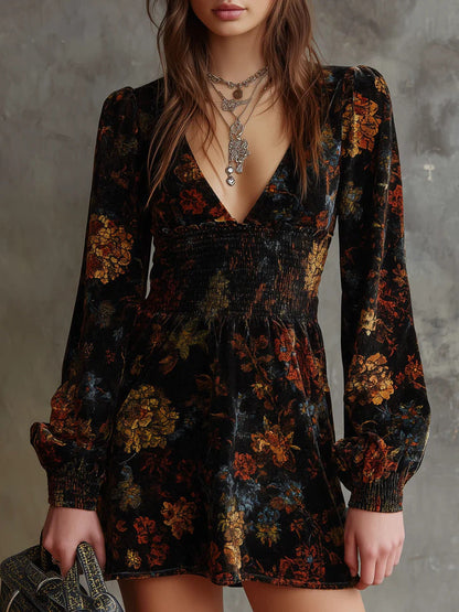 Elegant Floral Print V neck Velvet Dress Sexy Waist Trimming Long Sleeve Short Dress by Ragazza