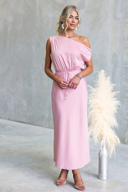 Summer Cocktail Sloping Shoulder off the Shoulder Sexy Solid Color Tied Dress by Ragazza